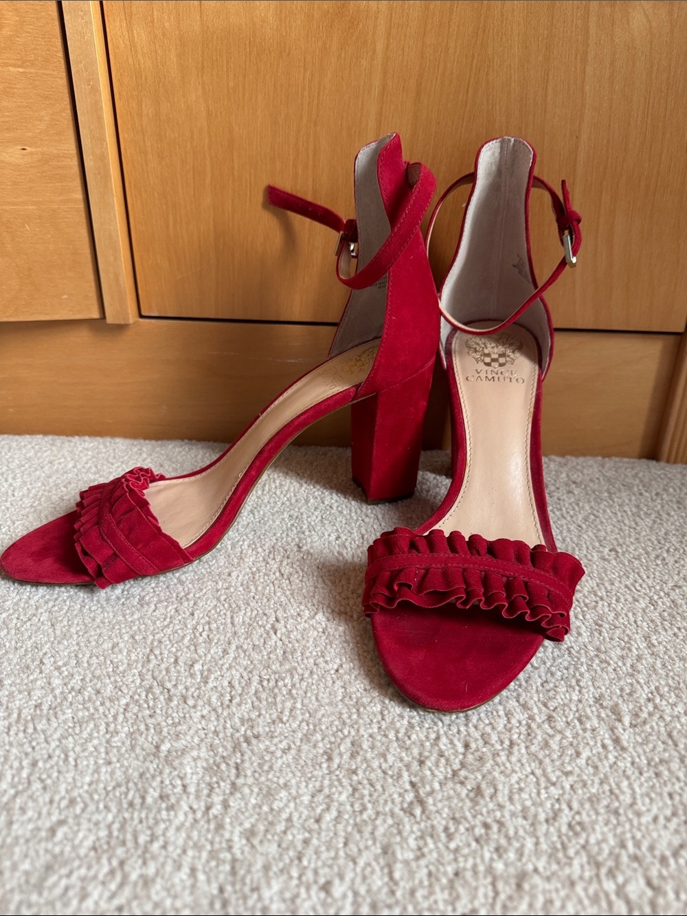 Vince Camuto Red Suede Ruffle Block Heel Sandals